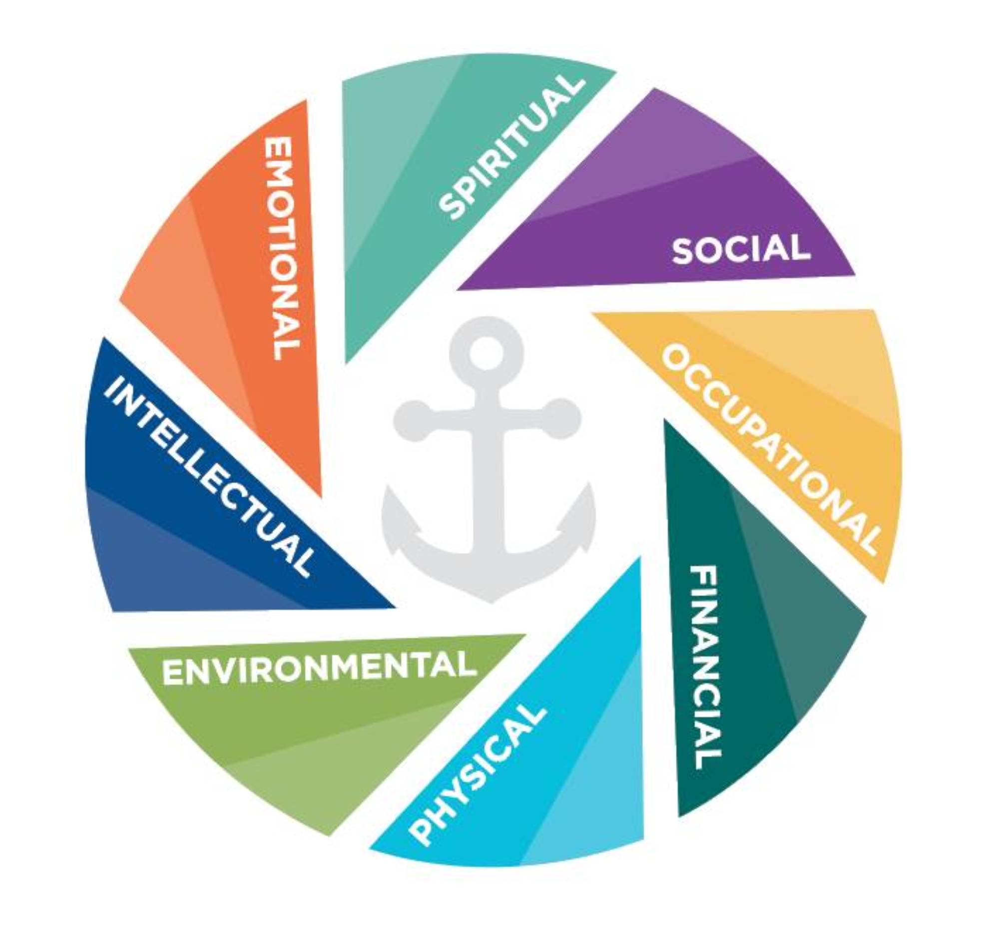 Wellness Wheel with emotional, spiritual, social, occupational, financial, physical, environmental, and intellectual wedges
